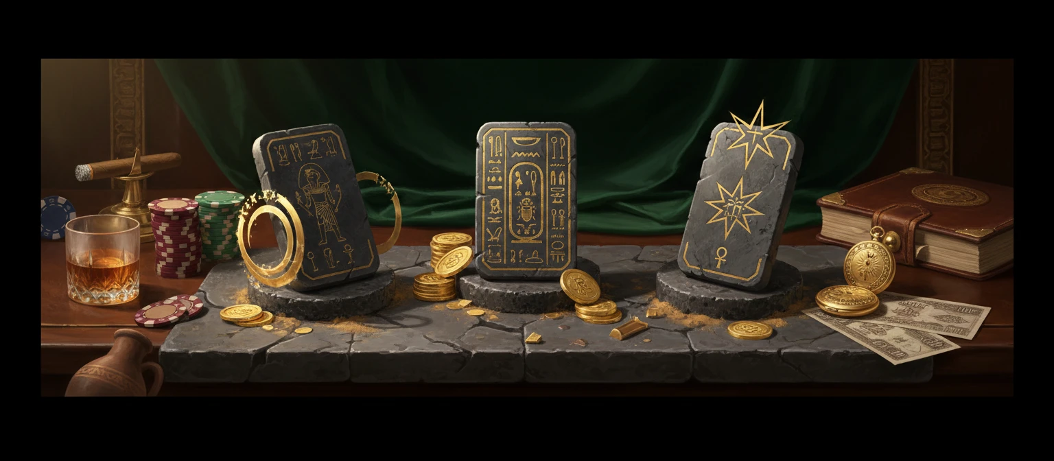 Three separate Egyptian-themed tablets representing distinct slot names